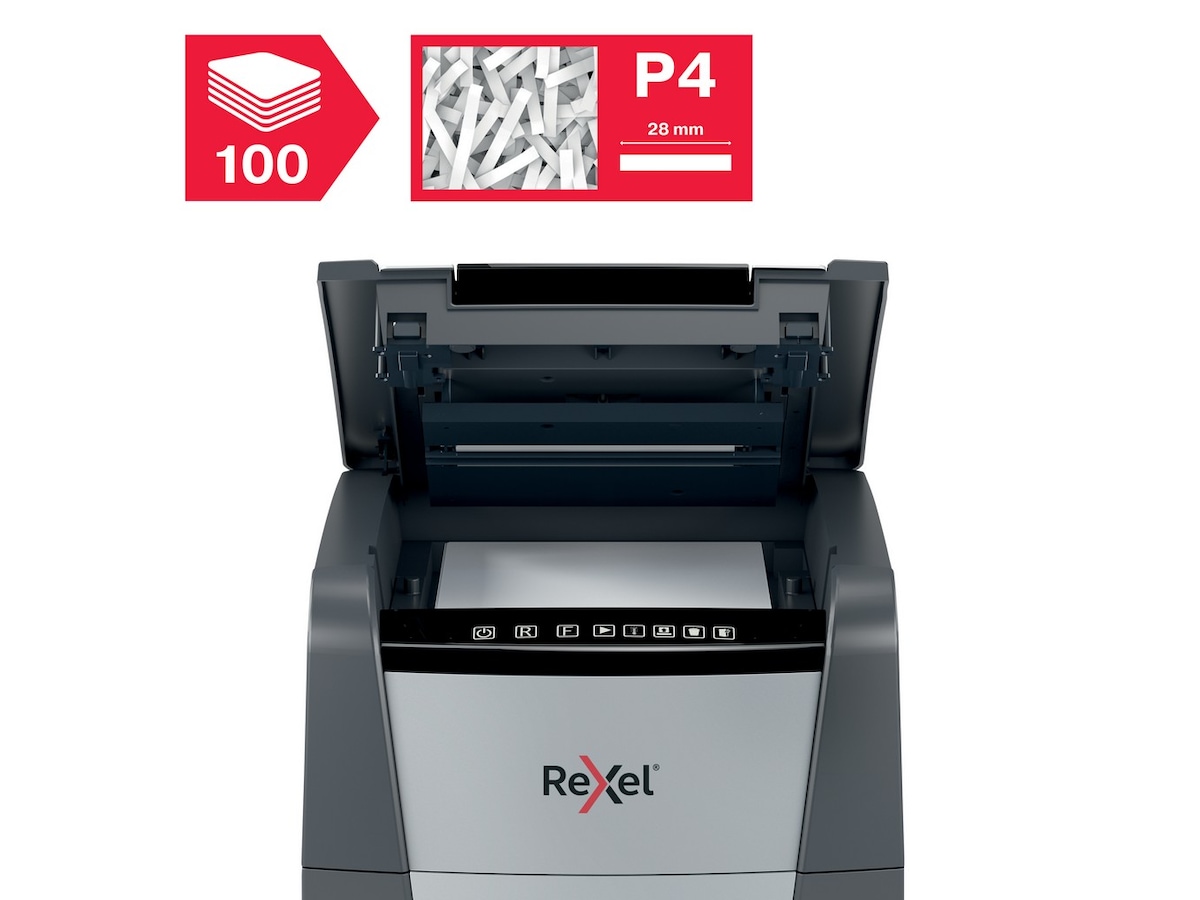 Rexel Makuleringsmaskin Optimum AutoFeed+ 100X automatisk krysskutt P4 Makuleringsmaskiner