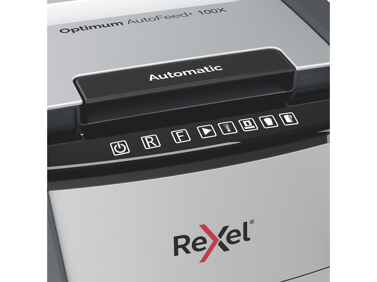 Rexel Makuleringsmaskin Optimum AutoFeed+ 100X automatisk krysskutt P4 Makuleringsmaskiner