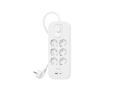 Belkin Strømforgrener 6x uttak og  2x USB 2m (hvit)