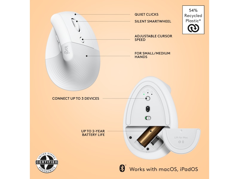 Logitech Lift for Mac Vertikal Trådløs Mus (off-white) Ergonomi