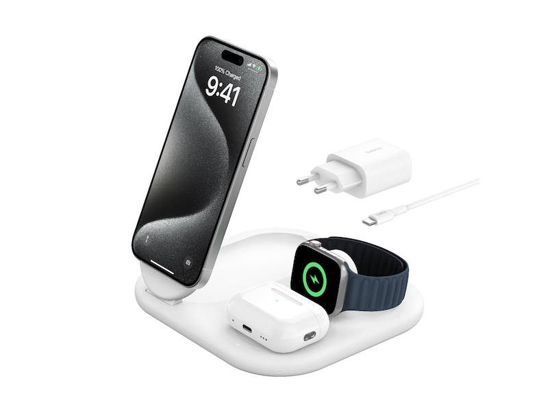 Belkin 3-i-1 Qi2 Trådløs lader (hvit) Trådløs lader