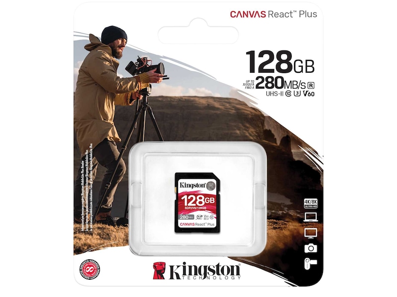 Kingston Canvas React Plus V60 128GB Minnekort til foto & video